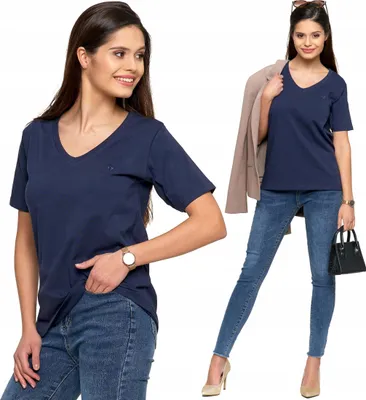 Produktbild von Moraj - T-Shirt Dunkelblau - Damen T-Shirt Größe L - V-Ausschnitt T-Shirt - Baumwoll T-Shirt