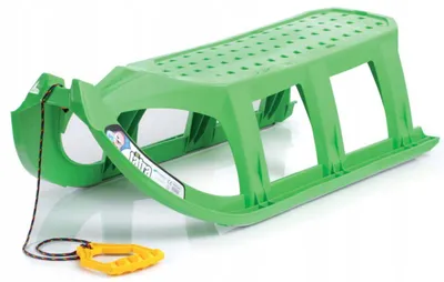 A green plastic sled with a yellow handle and rope, shown on a white background.
