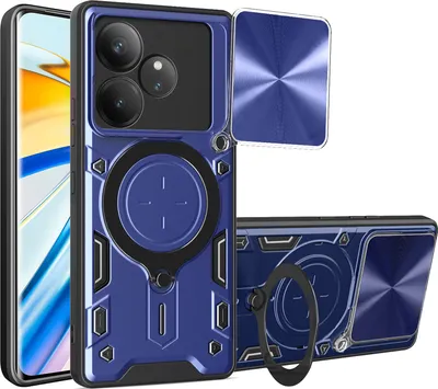 Produktbild von Handyhülle für Realme GT 6T Dual-Layer Stoßfest Rüstung Hülle mit Dia Kameraschutz und Kreisförmig Ring Ständer Blau