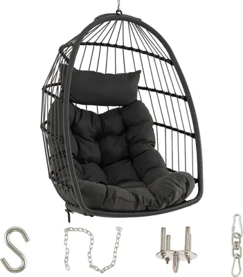 Produktbild von GOPLUS Hängesessel mit Kissen, Hängeschaukel bis 150kg Belastbar, Hängestuhl eiförmig aus PE Rattan, Hängekorb Sessel wetterfest, Hängesitz klappbar für Indoor Outdoor Garten, Grau