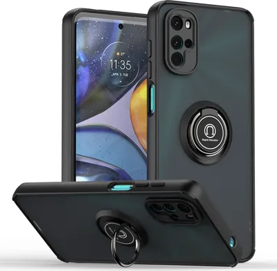 A black phone case with a ring holder is displayed from multiple angles against a white background.