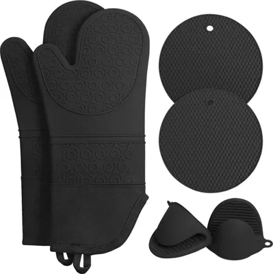 Produktbild von INF 6-teiliges Silikon Backhandschuh Set: Hitzebeständige Ofenhandschuhe, Küchenhelfer Schwarz