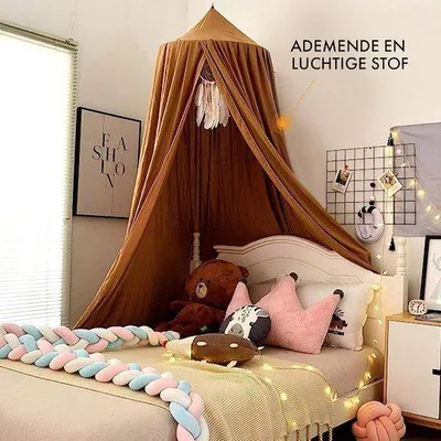 Image de Lit à baldaquin pour enfant 245 cm - 5 couleurs - Filles, garçons et bébés - Rideau de lit à baldaquin - Moustiquaire pour lit double - Lit à baldaquin pour bébé - Caramel - Gaze - Chambre d'enfant