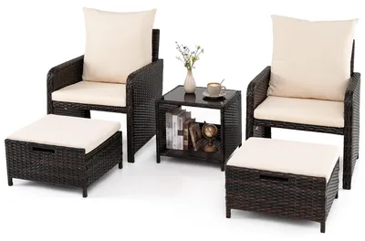 Produktbild von COSTWAY 5-tlg. Balkonmöbel Set, Terrassenmöbel für 2 Personen, Polyrattan Gartenmöbel mit 2 Stühle, Kissen, Hocker&Tisch, Balkonset, Sitzgruppe Beige
