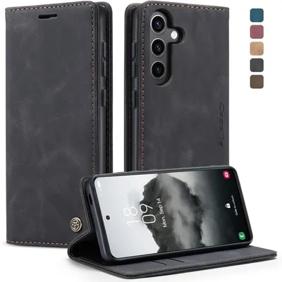 Immagine prodotto di Custodia a libro per Samsung Galaxy S24 FE 5G, in pelle nera, con portacarte e funzione stand
