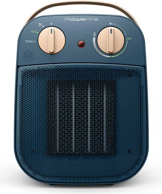 A blue ceramic heater with beige controls and a handle, shown from the front.