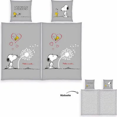 Produktbild von Peanuts Partner Bettwäsche mit Snoopy 4-teilig Doppelpack 80x80 + 135x200cm 100% Baumwolle mit Reißverschluss