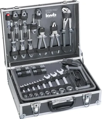 An open aluminum case filled with a variety of hand tools.