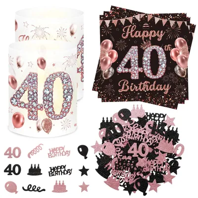 Immagine prodotto di Set per la decorazione della tavola per il 40° compleanno, colore nero e rosa oro, 41 pezzi