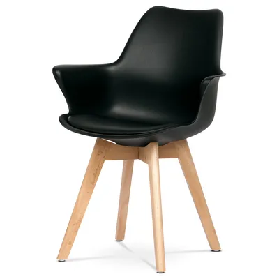 A black modern dining chair with wooden legs on a white background.