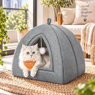Produktbild von FEANDREA Katzenhöhle 2-in-1 Katzenbett und Kuschelhöhle Waschbar mit Spielzeug 40 x 40 x 40 cm Grau