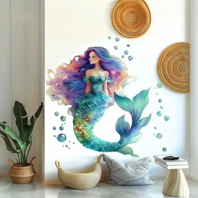 Produktbild von Decords Wandtattoo – bunte Meerjungfrau in einer Unterwasserwelt, 100 cm