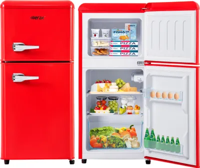 Produktbild von Merax Retrokühlschrank Kühl-/Gefrierkombination BCD-86, Vintage Kühlschrank mit Metall Türgriff, verstellebare Ablage und Füße, Doppeltür und LED-Beleuchtung, 87 cm hoch, 42 cm breit, 60 L, Rot