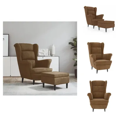 Image de vidaXL Fauteuil à oreilles avec tabouret Marron Velours - Fauteuil
