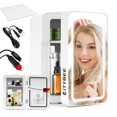 Obrázek produktu pro ZMH mini chladnička 6 l s tichým chodem 12 V 230 V bílá se zrcadlem a LED osvětlením pro kosmetické přípravky do auta