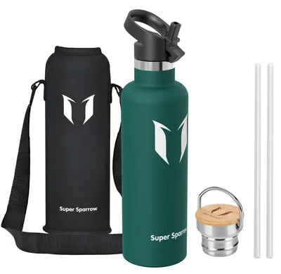 Produktbild von Super Sparrow Trinkflasche Edelstahl 1L - Auslaufsicher Thermoskanne, BPA-Frei Thermosflasche - Trinkflaschen Kinder für Sprudel, Sport, Schule, Fitness - Mit 2 Deckeln