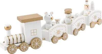 A white and gold wooden Christmas train decoration.