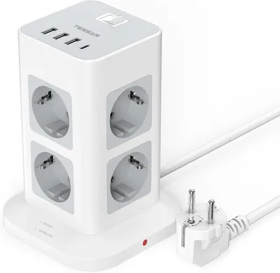 Obrázok produktu pre TESSAN, viacnásobná zásuvka s 8 zásuvkami, 1 USB-C portom a 3 USB-A portami, predlžovací kábel 2 m, ochrana proti prepätiu, 3600 W