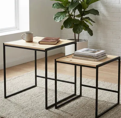 Produktbild von 2x Beistelltisch "Modern" aus Metall & Holz, 40 + 50 cm hoch, Satztische, Wohnzimmertisch