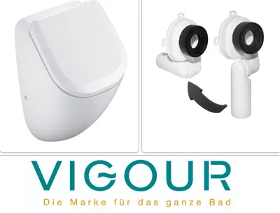 Produktbild von VIGOUR DERBY Urinal spülrandlos Zulauf verdeckt mit SoftClose Deckel und Ablaufgarnitur, weiß