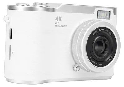 Produktbild von 4K-Digitalkamera für Kinder mit Autofokus, 48 MP, 8-fach-Zoom, kompakte CCD-Kamera mit 2,4-Zoll-Klappdisplay und LED-Blitz, weiß