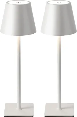 Two white portable LED table lamps are shown against a white background.