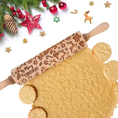Produktbild von Weihnachts Geprägtes Nudelholz 3D Holz Kinder Teigroller Schneeflocken & Elch - Backzubehör für DIY Weihnachtsplätzchen, Kekse, Fondant, Elch