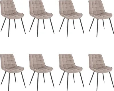 Eight beige upholstered dining chairs are arranged in two rows of four against a white background.