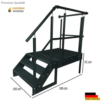 Produktbild von Podesttreppe Stahltreppe 3 Stufen Freistehend Höhe 57 cm inklusive Podest 100x100cm mit Geländer Anthrazit Ausrichtung Treppe Links Aussentreppe