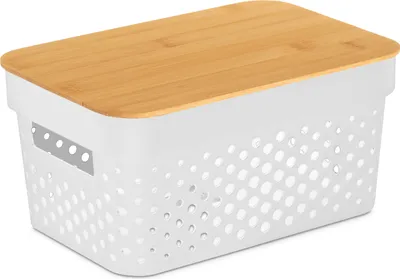 Immagine prodotto di Contenitore in plastica con coperchio in bambù, 26 x 17,5 x 12,5 cm, bianco