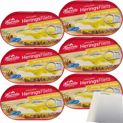 Produktbild von Hawesta Heringsfilets extra zart in Honig-Senf-Creme MSC 6er Pack (6x190g Dose) + usy Block