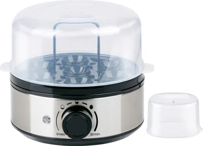 Obrázek produktu pro vařič vajec alpina 400W - Vařič na 7 vajec - Vařič vajec s časovačem a odměrkou - Nerezová vložka - Vyjímatelný zásobník na vejce - Průhledné víko