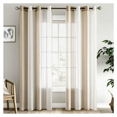Produktbild von Beige-Weiße Vorhänge mit Ösen im Streifen-Design, halbtransparent, 140x225cm, 2er Set