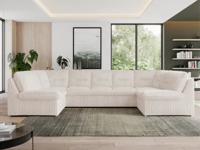 Produktbild von Sofa XXL U-Form Beige, Wohnlandschaft U Form mit Schlaffunktion, Sofa mit Schlaffunktion, Schlafsofa, Wohnzimmer Couch mit schlaffunktion - Morbido U - Beige Cord