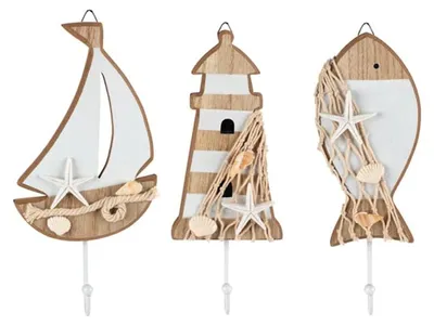 3er-Set Holz-Kleiderhaken, maritime Motive, 14 cm