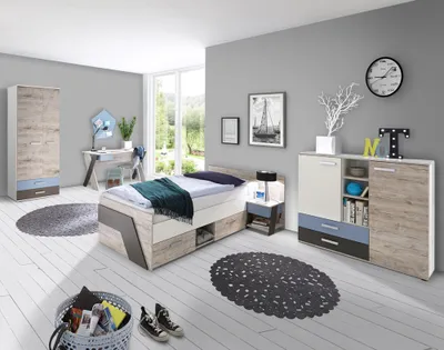 Produktbild von Jugendzimmer Set mit Bett 90x200 cm 5-teilig mit Kleiderschrank LEEDS-10 in Sandeiche Nb. mit weiß, Lava und Denim Blau