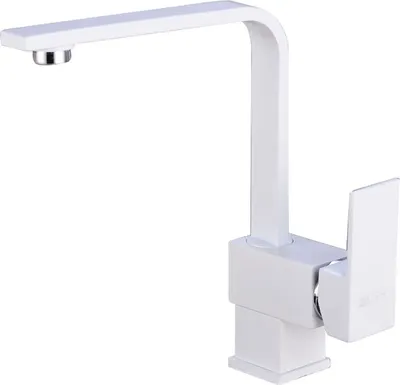 A white kitchen faucet on a white background.