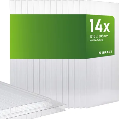 Produktbild von BRAST Doppelstegplatten Hohlkammerplatten 6mm | Polycarbonat | 121x60,5cm - 14er Set transparent für  10,3m² | UV-beständig witterungsbeständig bruchstabil & zuschneidbar