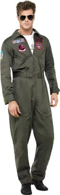 A man wearing a green flight suit costume.