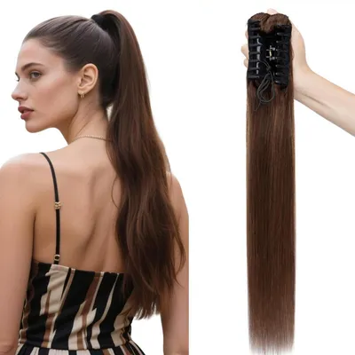 Produktbild von Haarverlängerung Pferdeschwanz 50cm Echthaar Ponytail mit Klammer Remy Glatt Mittelbraun