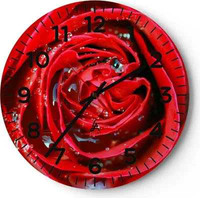 Produktbild von Wanduhr - Rund - Glasuhr - Rose Blume Blütenblätter Tau - 30x30cm - Schleichendes Uhrwerk - Lautlos - zum Aufhängen bereit - Dekoration Modern - Wanddekoration aus Glas - C4AR30x30-1518