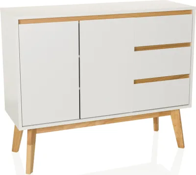 A white sideboard with wooden accents and legs, shown against a white background.
