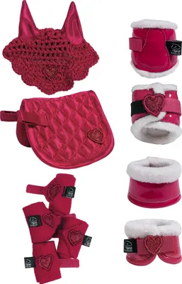 A collage of equestrian accessories for ponies in a pink/red color scheme.