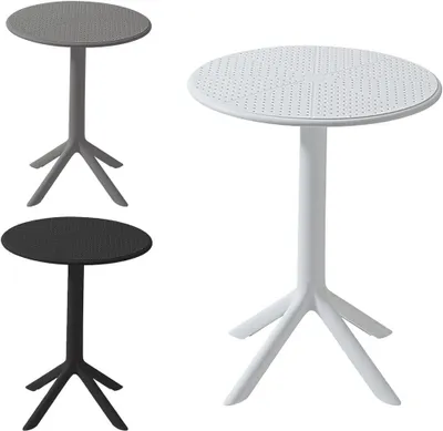 Three round tables of different colors (gray, black, and white) are displayed against a white background.