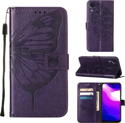 Produktbild von Galaxy A03 Core Hülle, Schmetterling Prägung Flip Leder Kartenfächer Schutzhülle Ledertasche mit Ständer für Samsung Galaxy A03 Core Lila