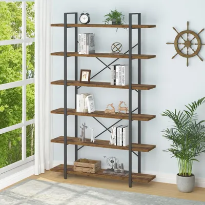 Produktbild von Bücherregal Standregal Holz Metall 6 Ebenen Rustikale Braun 120x32x216 cm Industrie-Design
