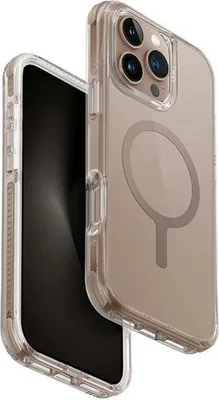 A clear product shot of a phone case with a phone inside, shown from a diagonal angle.