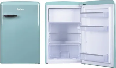 A retro-style refrigerator with its door open, showing the interior shelves and door compartments.