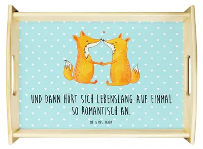 Produktbild von Mr. & Mrs. Panda Serviertablett Füchse Liebe - Türkis Pastell - Geschenk, Servierplatte Holz, Fuchs, Ehe, sofatablett, Dekotablett, Holztablett, Freundin, Tablett, aus