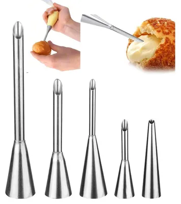 Immagine prodotto di Set di 5 bocchette per sac à poche in acciaio inossidabile, ideali per preparare bomboloni, donut, cupcakes e prodotti a base di pasta sfoglia